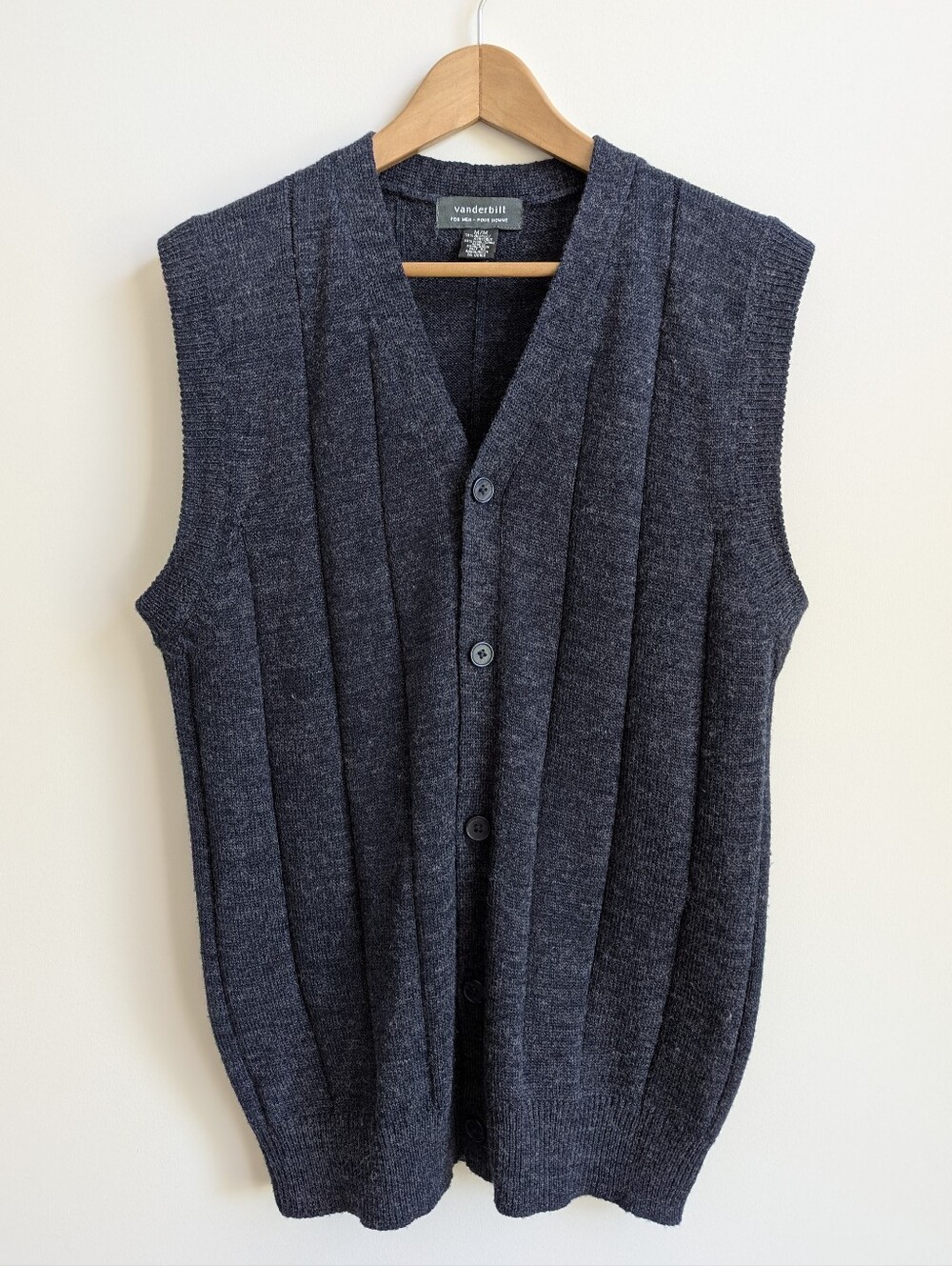 Men's Wool Blend Medium Flecked Dark Blue Grey Knit Sweater Vest Vanderbilt